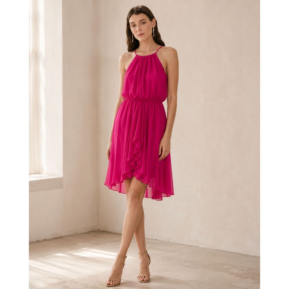 Rebecca Taylor XS 100% Silk Fuchsia Pink Halter Dress High Low Ruffle Cocktail
